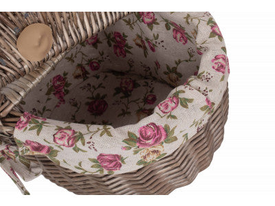 Basket, SMALL ANTIQUE WASH FINISH OVAL PICNIC BASKET with GARDEN ROSE LINING