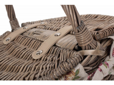 Basket, SMALL ANTIQUE WASH FINISH OVAL PICNIC BASKET with GARDEN ROSE LINING