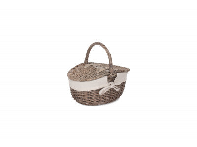 Basket, SMALL ANTIQUE WASH FINISH OVAL PICNIC BASKET with WHITE LINING