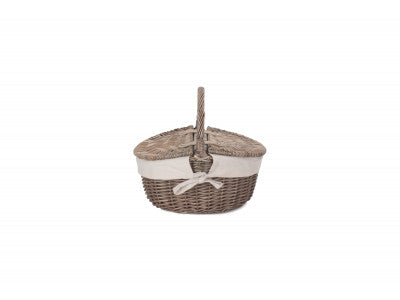 Basket, SMALL ANTIQUE WASH FINISH OVAL PICNIC BASKET with WHITE LINING
