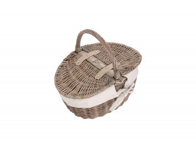 Basket, SMALL ANTIQUE WASH FINISH OVAL PICNIC BASKET with WHITE LINING