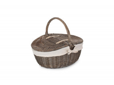 Basket, ANTIQUE WASH FINISH OVAL PICNIC BASKET with WHITE LINING