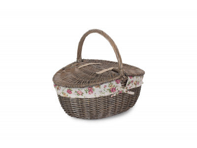 Basket, ANTIQUE WASH FINISH OVAL PICNIC BASKET with GARDEN ROSE LINING