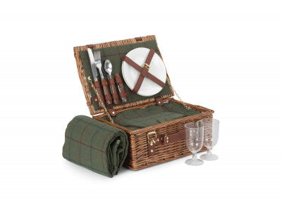 Basket, 2 PERSON GREEN TWEED CLASSIC PICNIC HAMPER