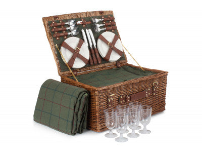 Basket, 6 PERSON GREEN TWEED CLASSIC PICNIC HAMPER