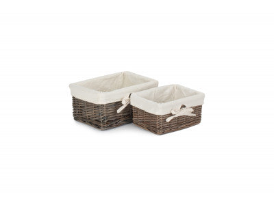Basket, ANTIQUE WASH FINISH WILLOW TRAYS with LINING set 2