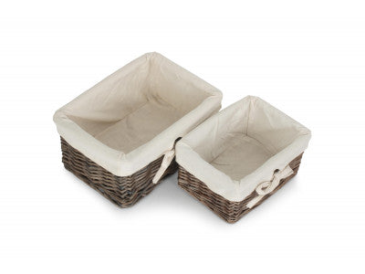 Basket, ANTIQUE WASH FINISH WILLOW TRAYS with LINING set 2