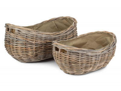 Basket, Set of 2 BOAT SHAPED RATTAN LOG BASKET with CORDURA LINING 