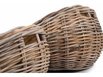 Basket, Set of 2 BOAT SHAPED RATTAN LOG BASKET with CORDURA LINING 