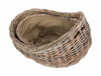 Basket, Set of 2 BOAT SHAPED RATTAN LOG BASKET with CORDURA LINING 