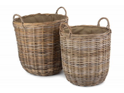 Basket, Set of 2 CORDURA LINED TALL ROUND FIRESIDE GREY RATTAN LOG BASKET 