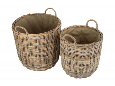 Basket, Set of 2 CORDURA LINED TALL ROUND FIRESIDE GREY RATTAN LOG BASKET 