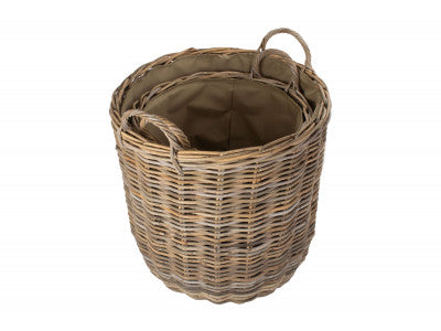 Basket, Set of 2 CORDURA LINED TALL ROUND FIRESIDE GREY RATTAN LOG BASKET 