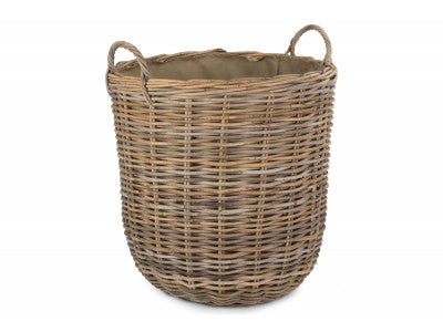 Basket, LARGE CORDURA LINED TALL ROUND FIRESIDE RATTAN LOG BASKET