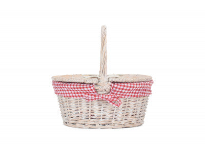 Basket, CHILDS WHITE WASH LIDDED HAMPER with RED & WHITE CHECKED LINING 