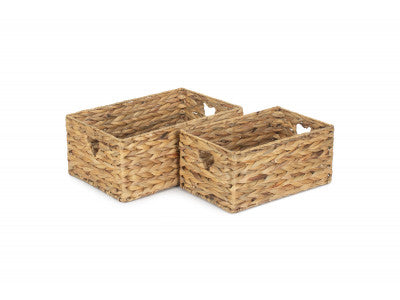 Basket, Set of 2 SMALL WATER HYACINTH STORAGE BASKETS with HEART CUT-OUT 