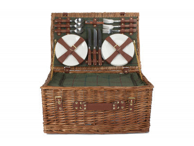 Basket, 6 PERSON GREEN TWEED CLASSIC PICNIC HAMPER