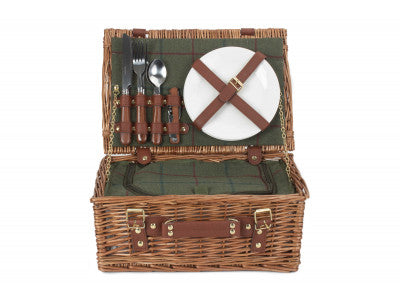 Basket, 2 PERSON GREEN TWEED CLASSIC PICNIC HAMPER