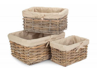 Basket, Set of 3 RECTANGULAR CORDURA LINED GREY RATTAN STORAGE BASKET 