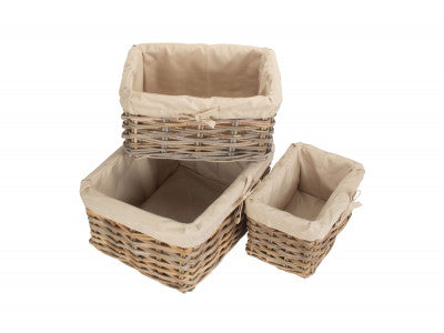 Basket, Set of 3 RECTANGULAR CORDURA LINED GREY RATTAN STORAGE BASKET 