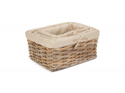 Basket, Set of 3 RECTANGULAR CORDURA LINED GREY RATTAN STORAGE BASKET 