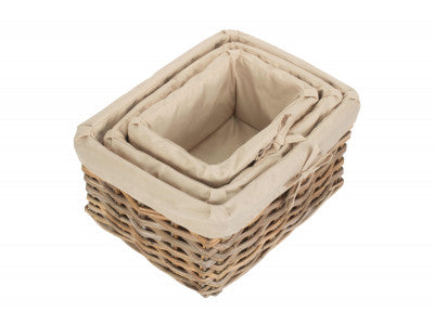 Basket, Set of 3 RECTANGULAR CORDURA LINED GREY RATTAN STORAGE BASKET 