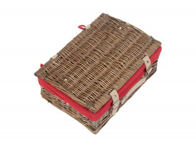 "Basket, 14" ANTIQUE WASH SPLIT WILLOW HAMPER with RED LINING"
