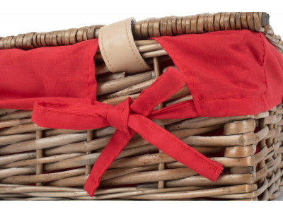 "Basket, 14" ANTIQUE WASH SPLIT WILLOW HAMPER with RED LINING"