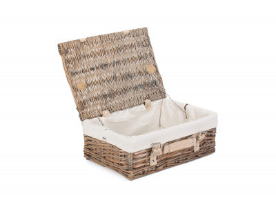 "Basket, 14" ANTIQUE WASH SPLIT WILLOW HAMPER with WHITE LINING"