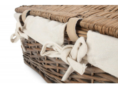 "Basket, 14" ANTIQUE WASH SPLIT WILLOW HAMPER with WHITE LINING"
