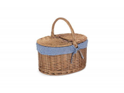 Basket, LIGHT STEAMED OVAL LIDDED HAMPER with BLUE & WHITE CHECKED LINING 