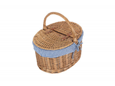 Basket, LIGHT STEAMED OVAL LIDDED HAMPER with BLUE & WHITE CHECKED LINING 