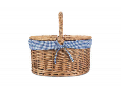 Basket, LIGHT STEAMED OVAL LIDDED HAMPER with BLUE & WHITE CHECKED LINING 