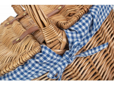 Basket, LIGHT STEAMED OVAL LIDDED HAMPER with BLUE & WHITE CHECKED LINING 
