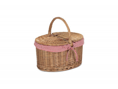 Basket, LIGHT STEAMED OVAL LIDDED HAMPER with RED & WHITE CHECKED LINING 