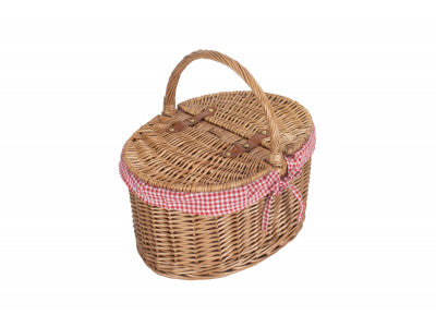 Basket, LIGHT STEAMED OVAL LIDDED HAMPER with RED & WHITE CHECKED LINING 