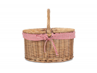 Basket, LIGHT STEAMED OVAL LIDDED HAMPER with RED & WHITE CHECKED LINING 