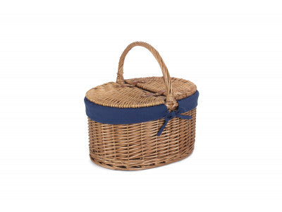 Basket, LIGHT STEAMED OVAL LIDDED HAMPER with NAVY BLUE LINING 