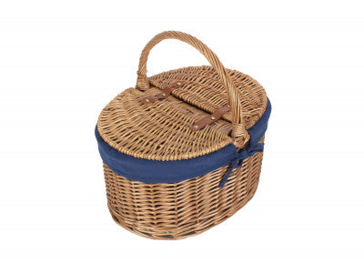 Basket, LIGHT STEAMED OVAL LIDDED HAMPER with NAVY BLUE LINING 