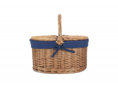 Basket, LIGHT STEAMED OVAL LIDDED HAMPER with NAVY BLUE LINING 