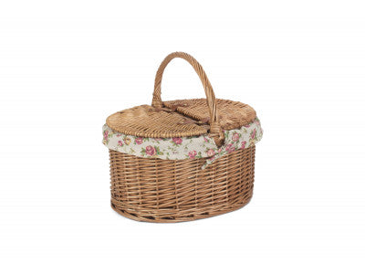 Basket, LIGHT STEAMED OVAL LIDDED HAMPER with GARDEN ROSE LINING