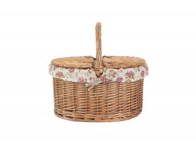 Basket, LIGHT STEAMED OVAL LIDDED HAMPER with GARDEN ROSE LINING