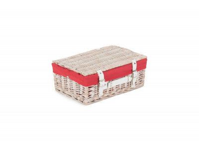 "Basket, 14" WHITE HAMPER with RED LINING"