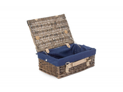 "Basket, 14" ANTIQUE WASH HAMPER with NAVY BLUE LINING"