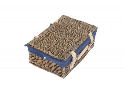 "Basket, 14" ANTIQUE WASH HAMPER with NAVY BLUE LINING"