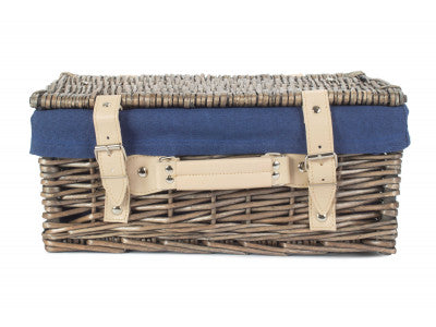 "Basket, 14" ANTIQUE WASH HAMPER with NAVY BLUE LINING"