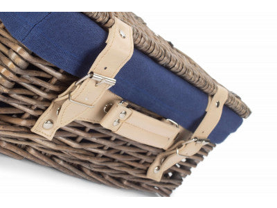 "Basket, 14" ANTIQUE WASH HAMPER with NAVY BLUE LINING"