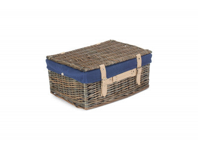"Basket, 16" ANTIQUE WASH HAMPER with NAVY BLUE LINING"