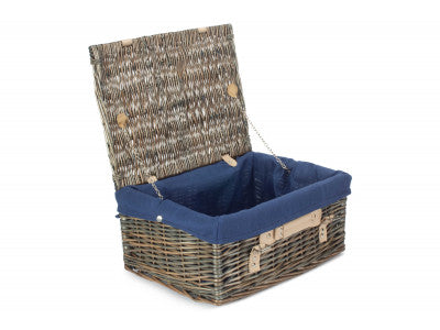 "Basket, 16" ANTIQUE WASH HAMPER with NAVY BLUE LINING"