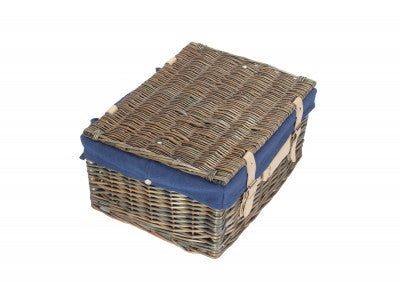 "Basket, 16" ANTIQUE WASH HAMPER with NAVY BLUE LINING"